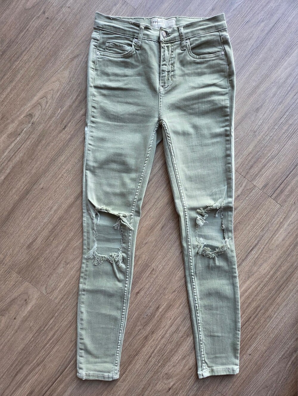 Free People Busted Knee High Rise Skinny Jeans Sage Olive Green Distressed 26